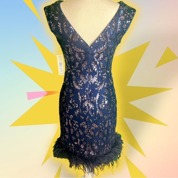NWT Eliza J Navy Blue ‘Sequin Boat Neck Sleeveless Feather Trim Sheath Dress’ 6 - Picture 10 of 14